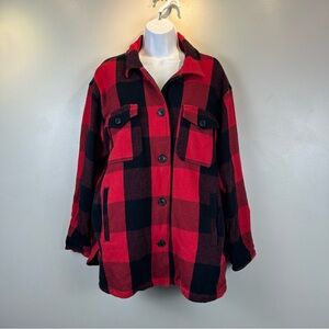 Lucky Brand Shacket Womens Medium Red Buffalo Plaid Flannel Shirt Jacket Pockets
